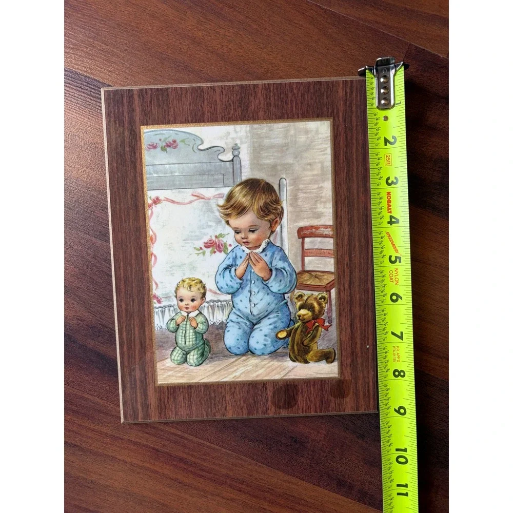 Vintage Wood‎ Plaque Children Praying Mid Century Nursery Wall Art 8x10 Retro
